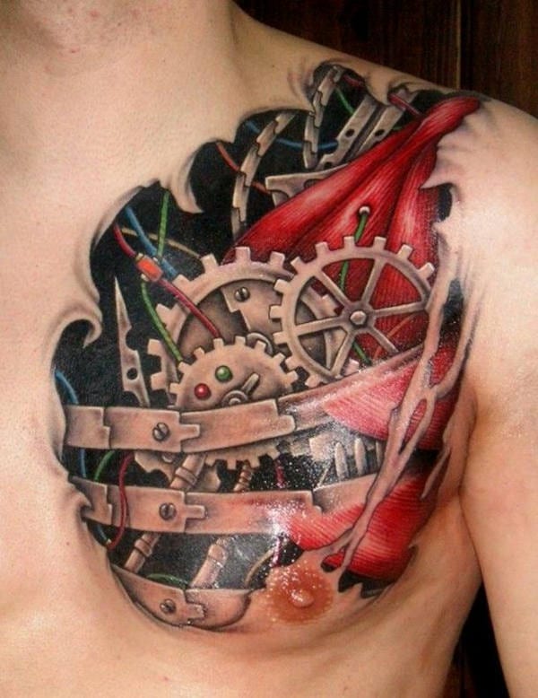 Torn Ripped Skin Real Heart Tattoo On Man Chest