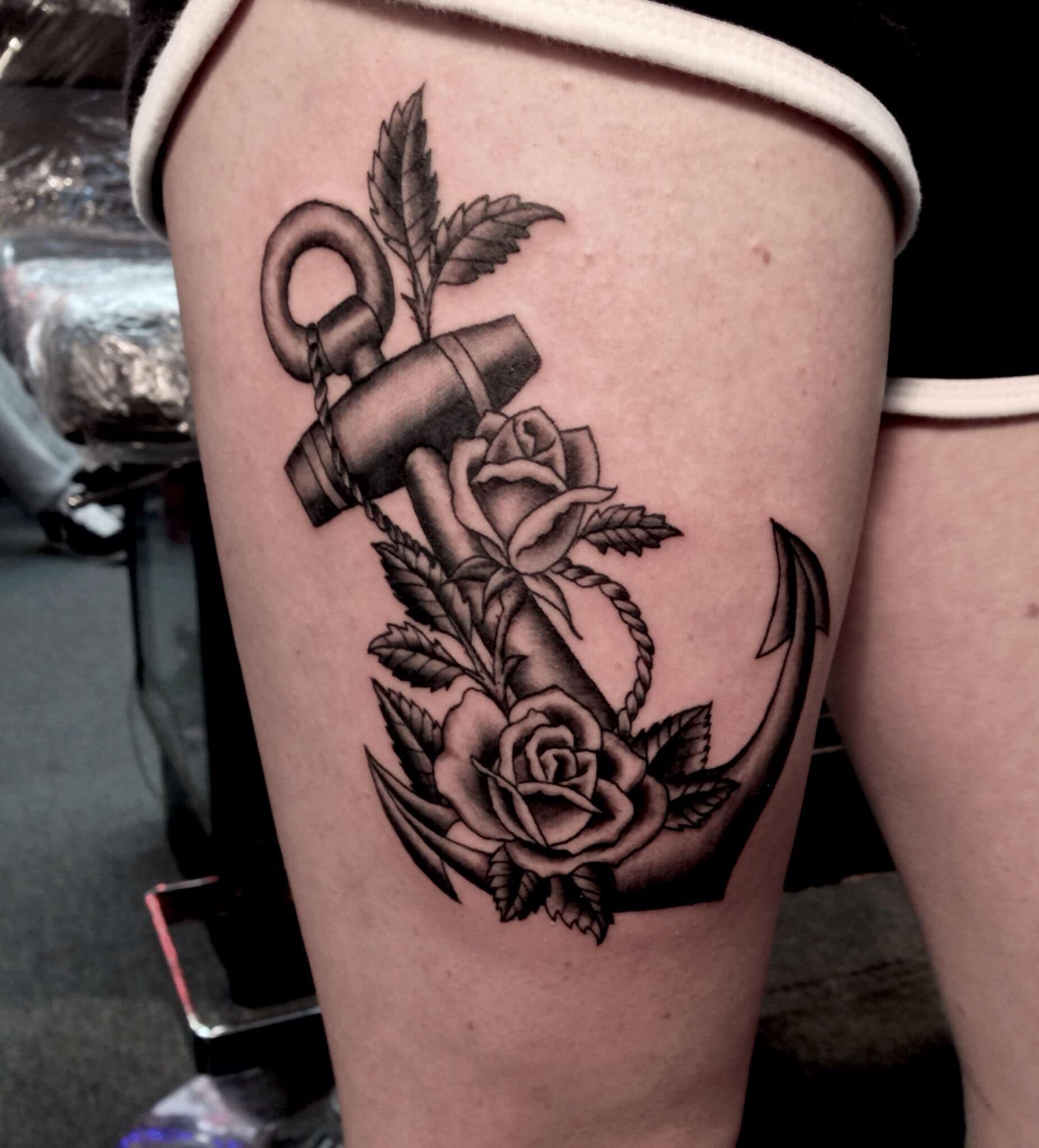Anchor Rose Thigh Tattoo