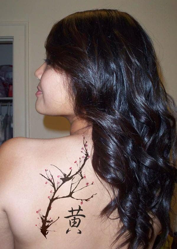 Cherry Blossom with Asian Lettering Tattoo