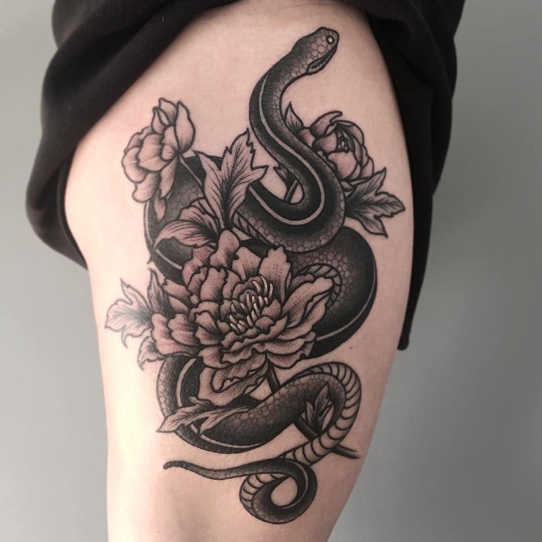 Floral Snake Thigh Tattoo