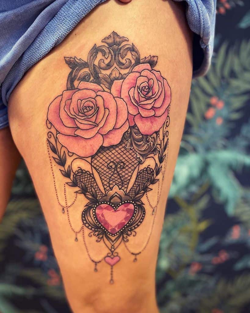 Human Heart of Flowers Thigh Tattoo